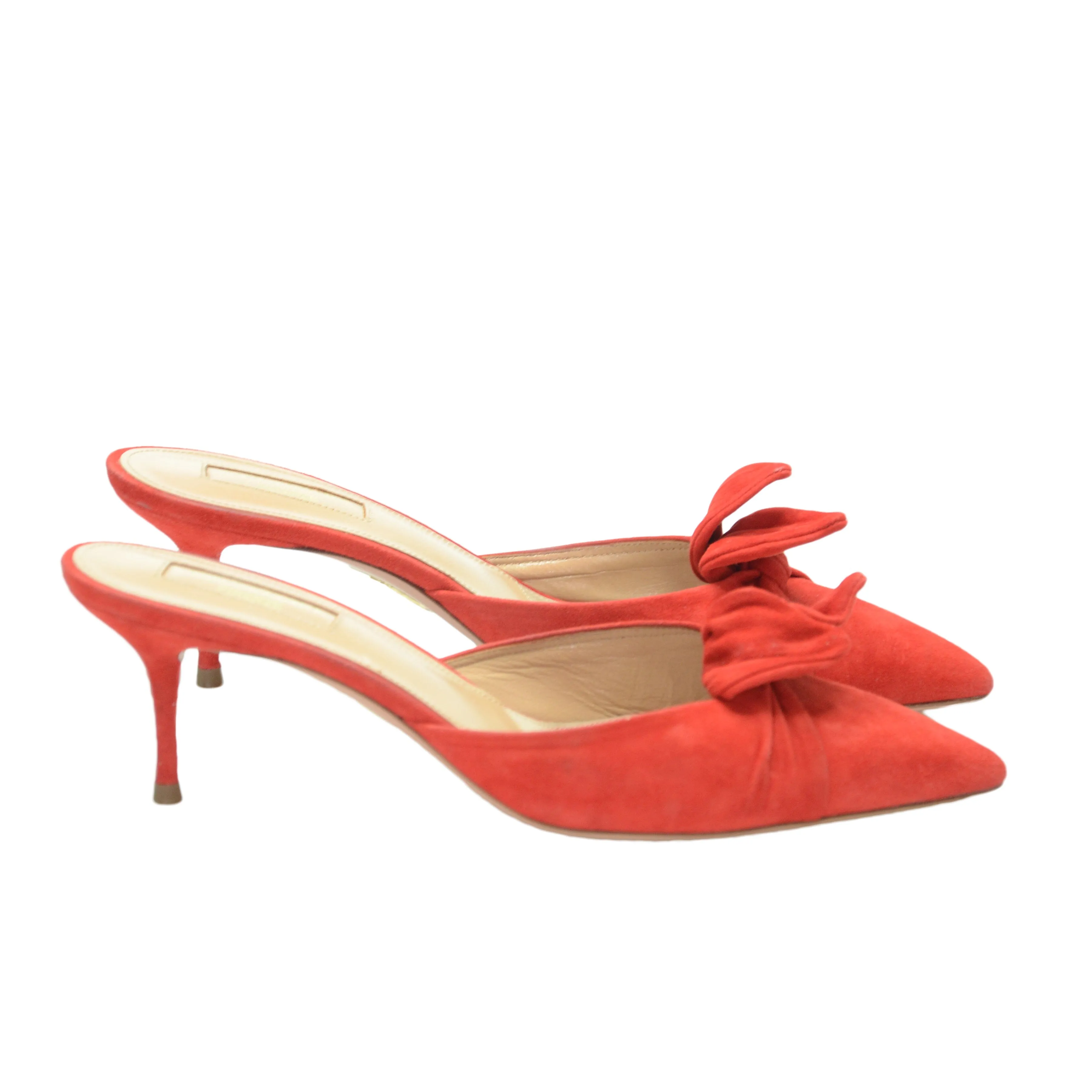 Aquazzura Red Suede Bow Kitten Heel Mules