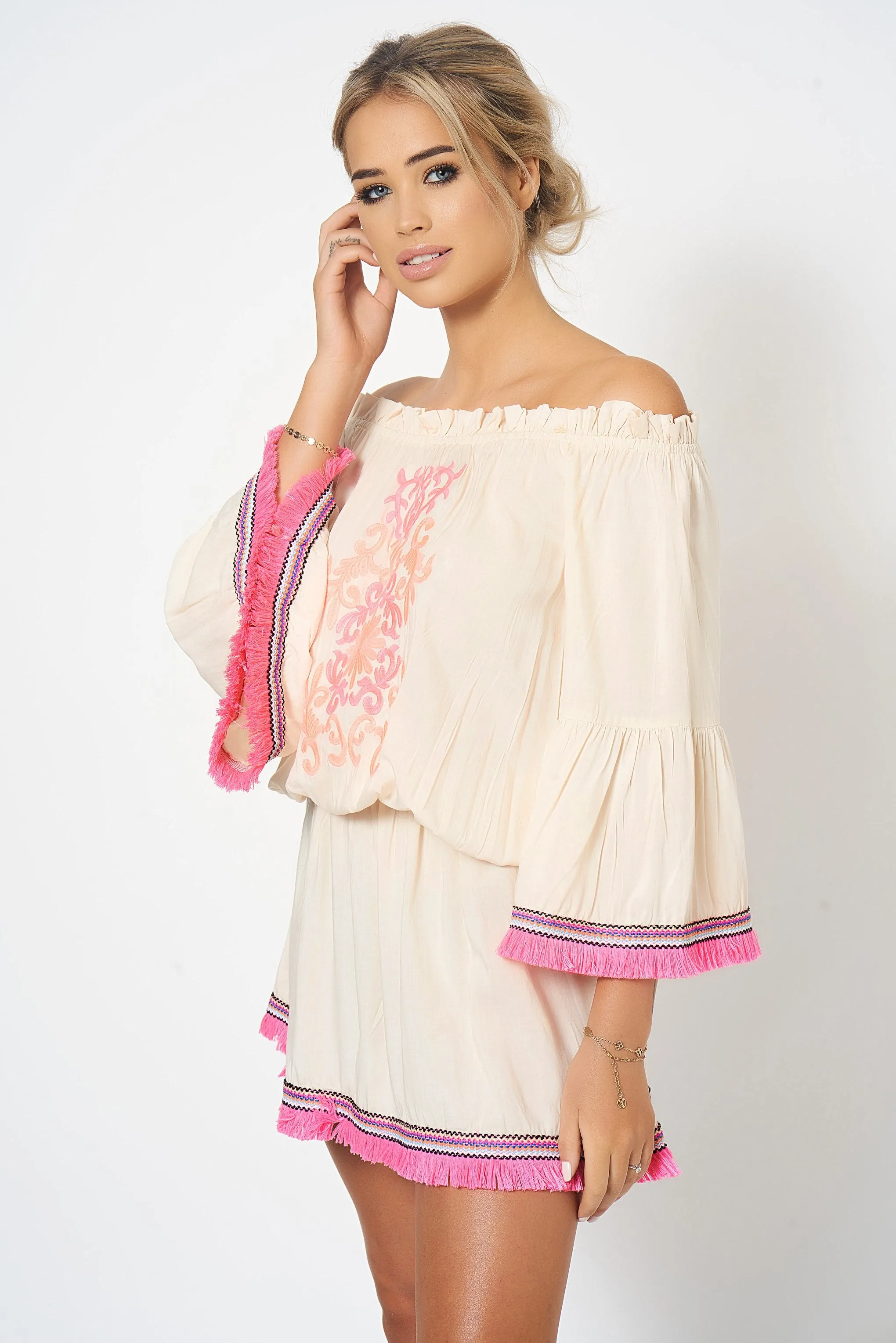 Cream Embroidered Fringe Detail Bardot Kaftan