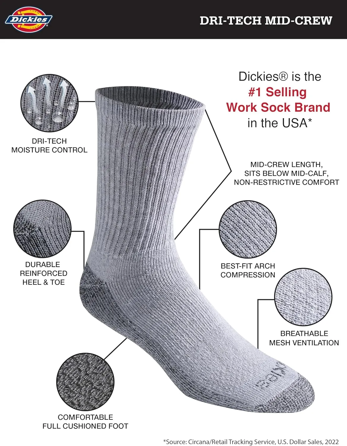 Dickies Men's Dri-tech Moisture Control Mid-Crew Comfort Length Socks, Available in M-XL (6, 12 Pairs)