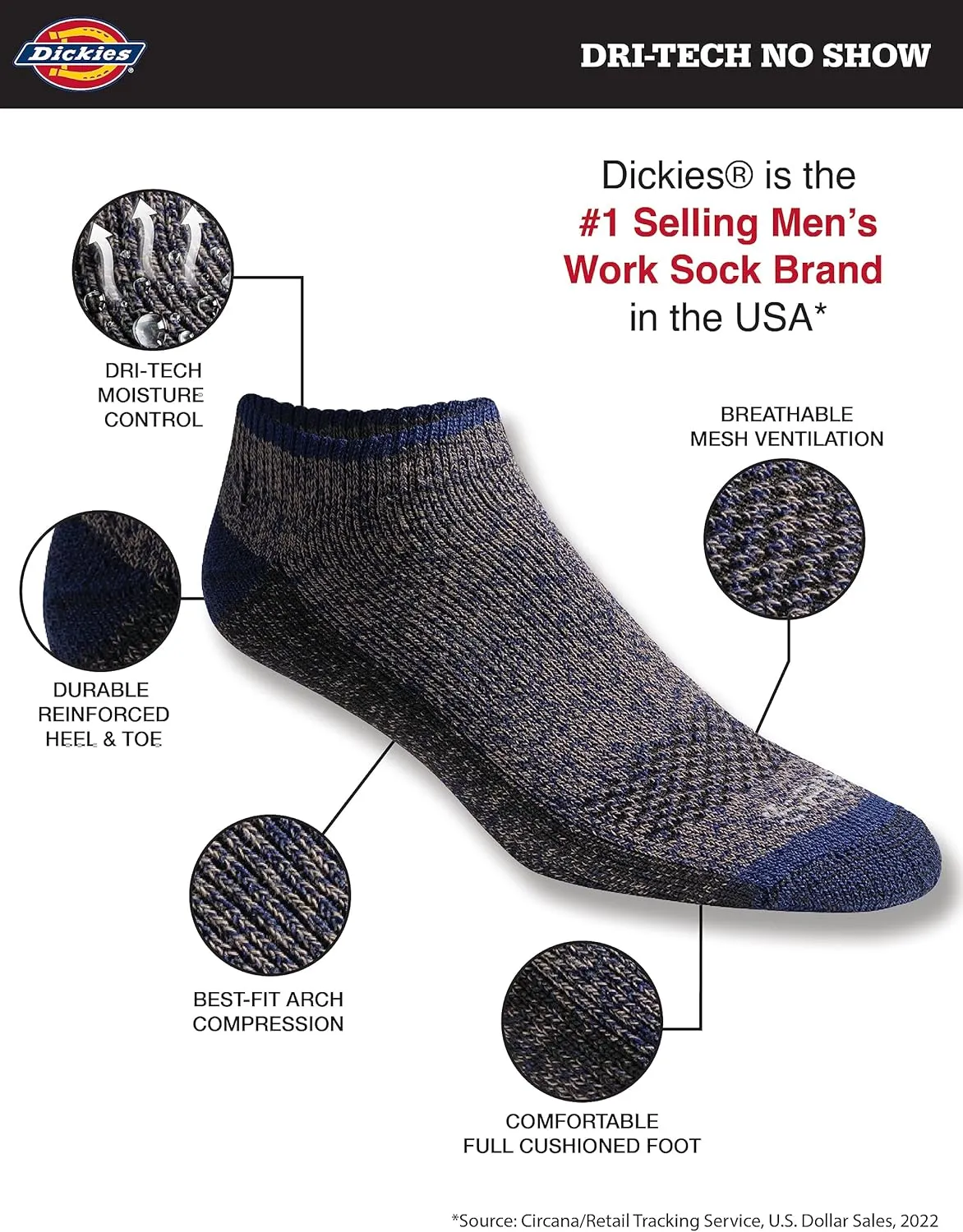 Dickies Men's Dri-tech Moisture Control No Show Socks, Available in M-XXL (6, 12 Pairs)