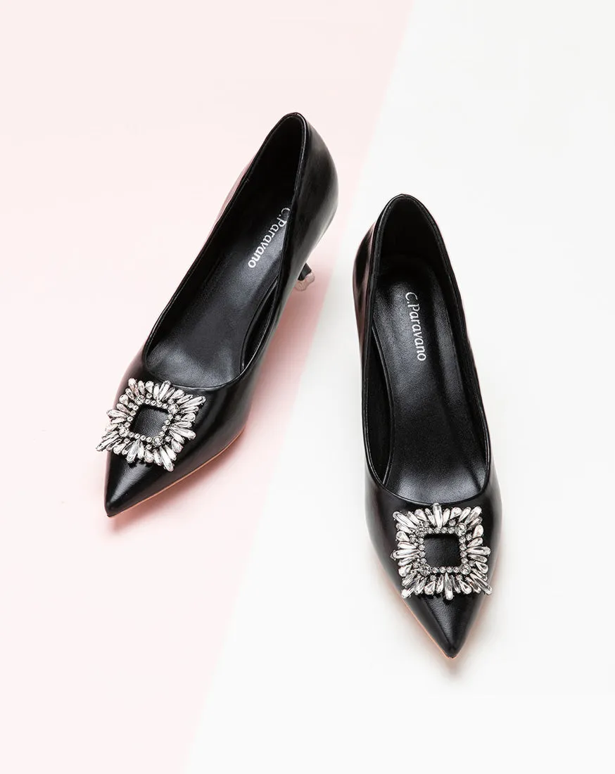 Hot Crystal Buckle Embellished Women Pumps Black