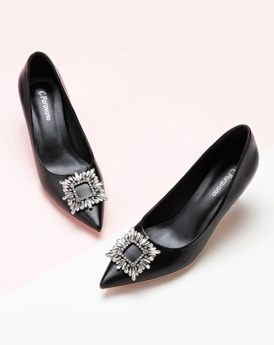 Hot Crystal Buckle Embellished Women Pumps Black