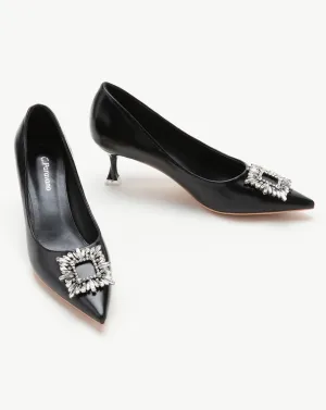 Hot Crystal Buckle Embellished Women Pumps Black