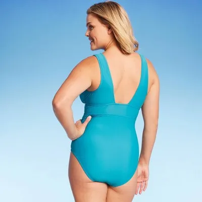 New - Kona Sol Women's Wide Shoulder V-Neck One Piece Swimsuit Medium Coverage, Blue L