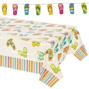 Pool Party Flip Flop Tablecloth & Garland - Table Cover and Hanging Banner for Beach Party, Summer Luau, or BBQ with Flip Flop Design (Set of 2 Decorations)