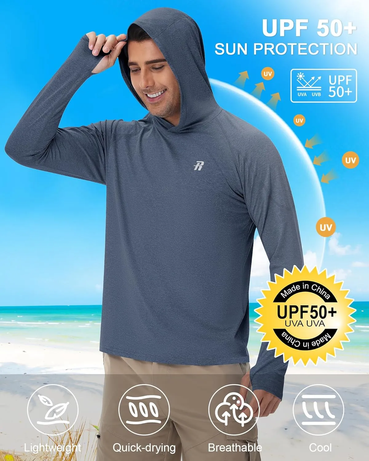 Runhit Fishing Shirts for Men Hoodie Sun Shirt UPF 50  Long Sleeve UV Protection SPF Rash Guard Running Hiking Workout
