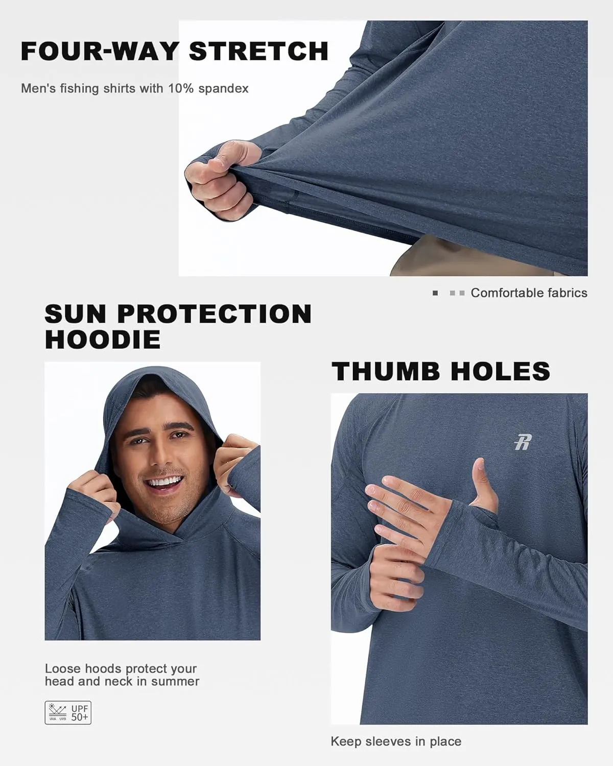 Runhit Fishing Shirts for Men Hoodie Sun Shirt UPF 50  Long Sleeve UV Protection SPF Rash Guard Running Hiking Workout