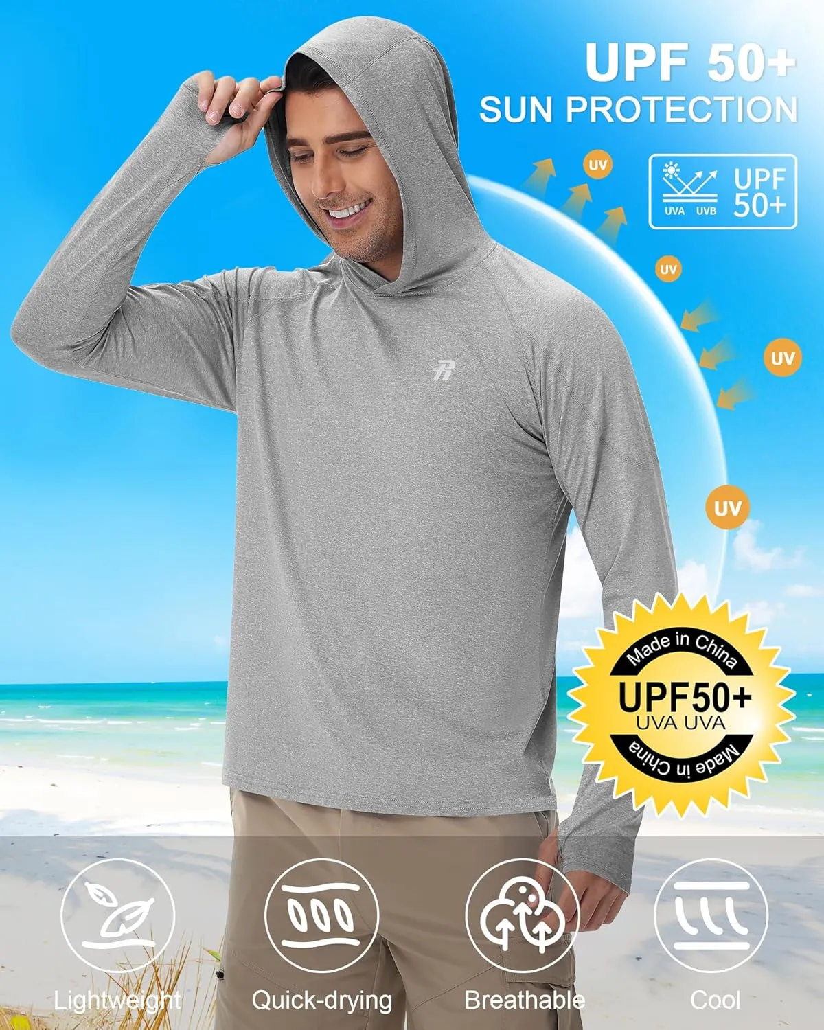 Runhit Fishing Shirts for Men Hoodie Sun Shirt UPF 50  Long Sleeve UV Protection SPF Rash Guard Running Hiking Workout