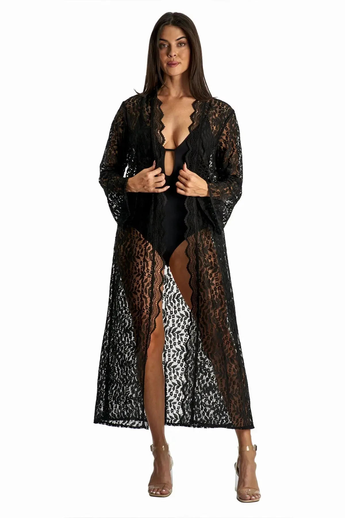 Sheer Lace Tie Front Kimono Cover Up - New