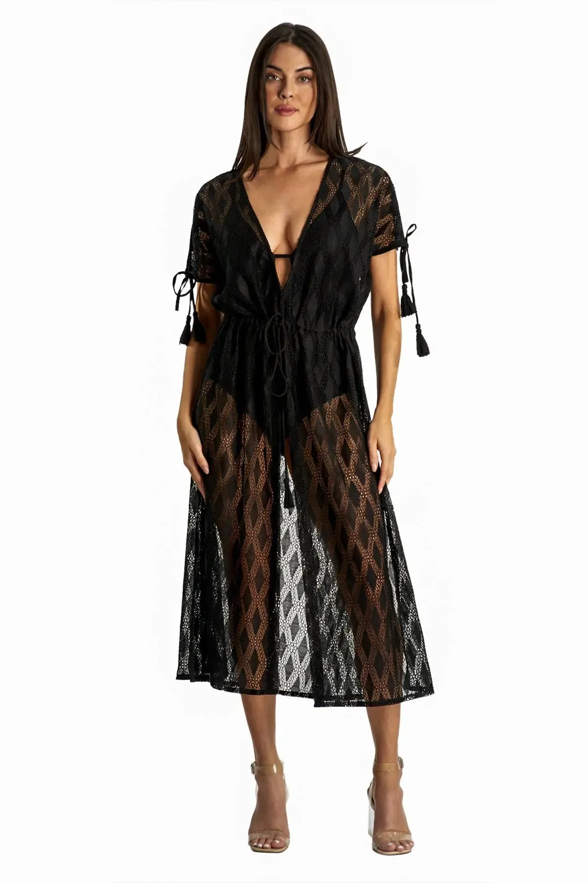 Sheer Lace Tie Front Kimono Cover Up - New
