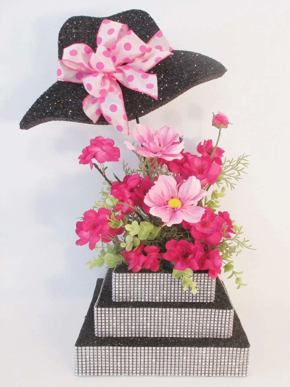 Styrofoam Hat Centerpiece with 3 tier rhinestone base & silk flowers