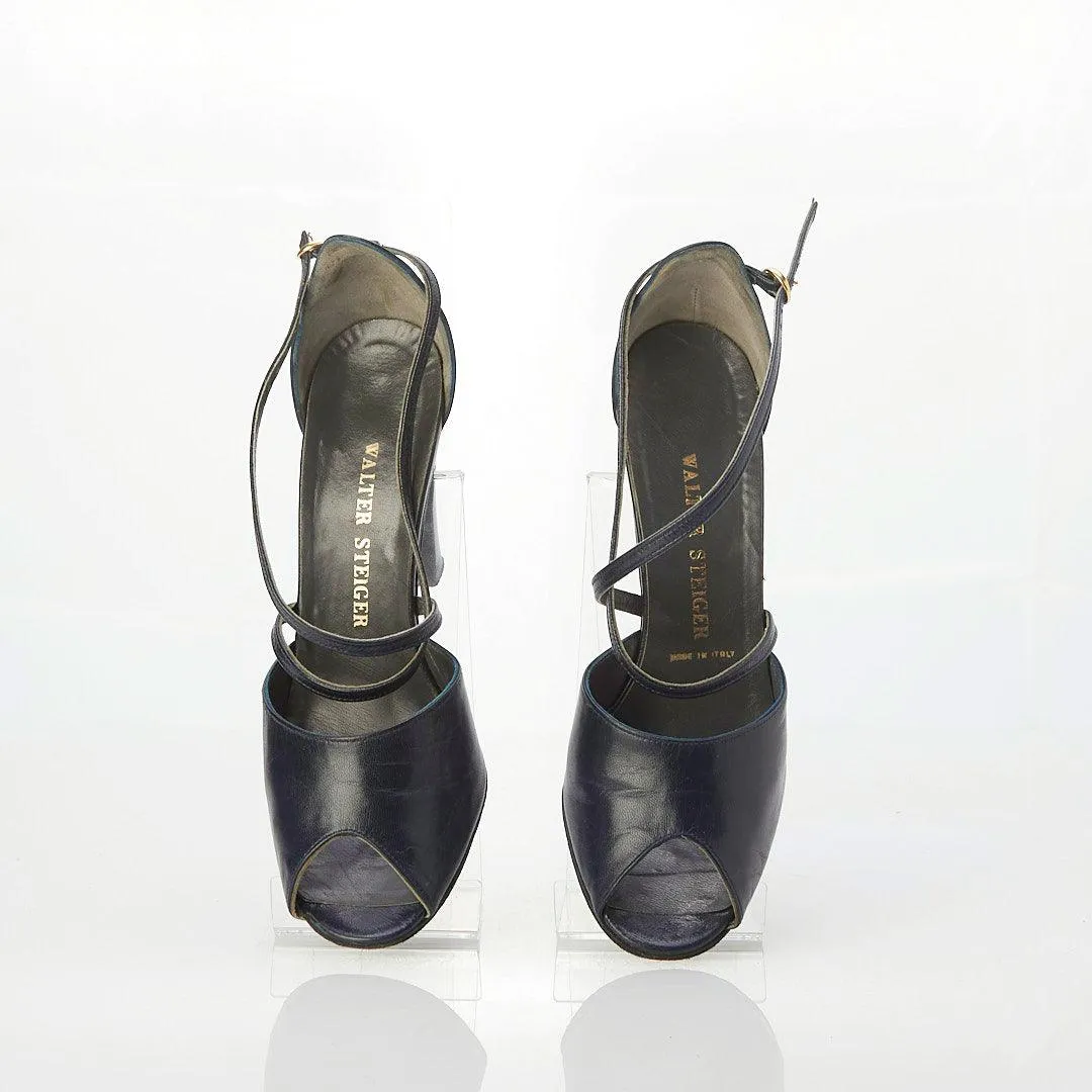 Walter Steiger Vintage Leather Navy Peep toe Strappy Shoe Uk Size 3.